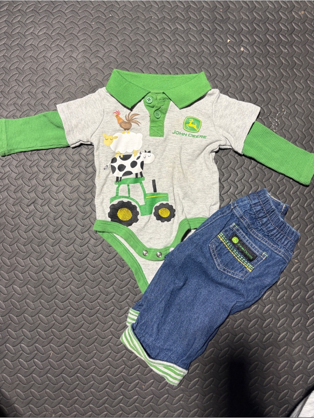 John Deere Gray & Green Tractor and Farm Animal Bodysuit One-Piece + Jeans